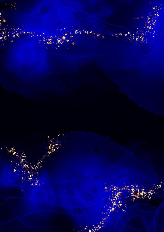 Dark blue hand painted alcohol ink background with gold glitter vector