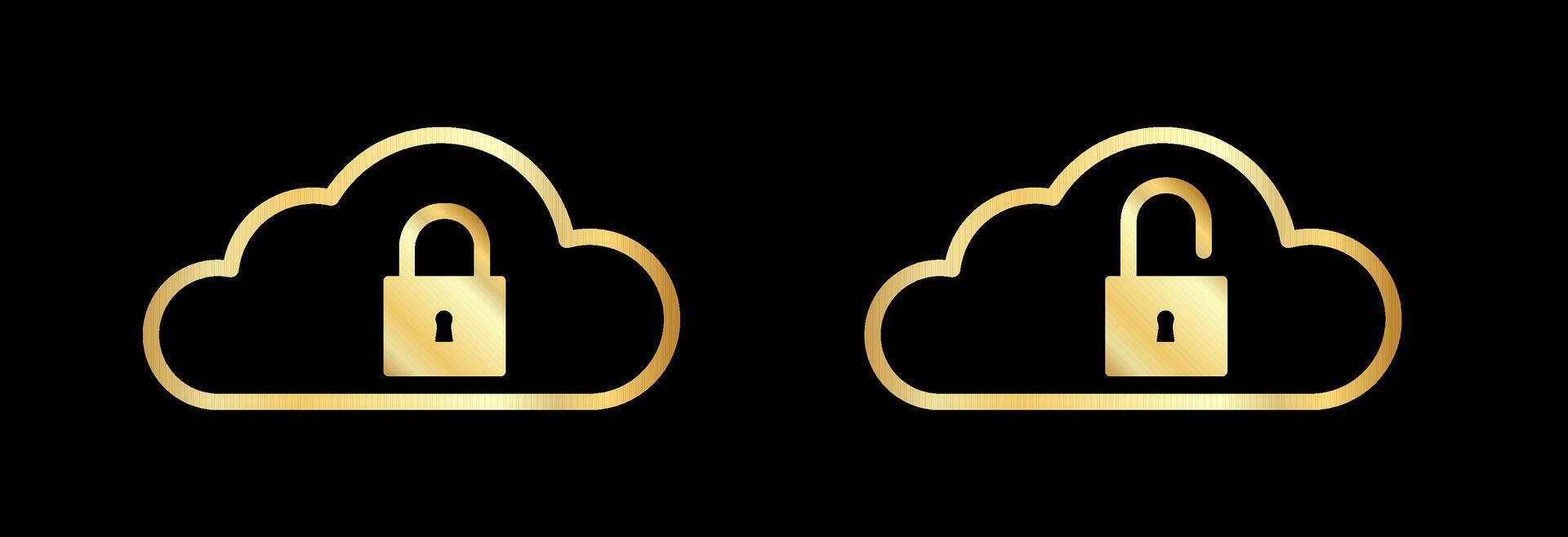 Gold cloud icon with padlock. vector