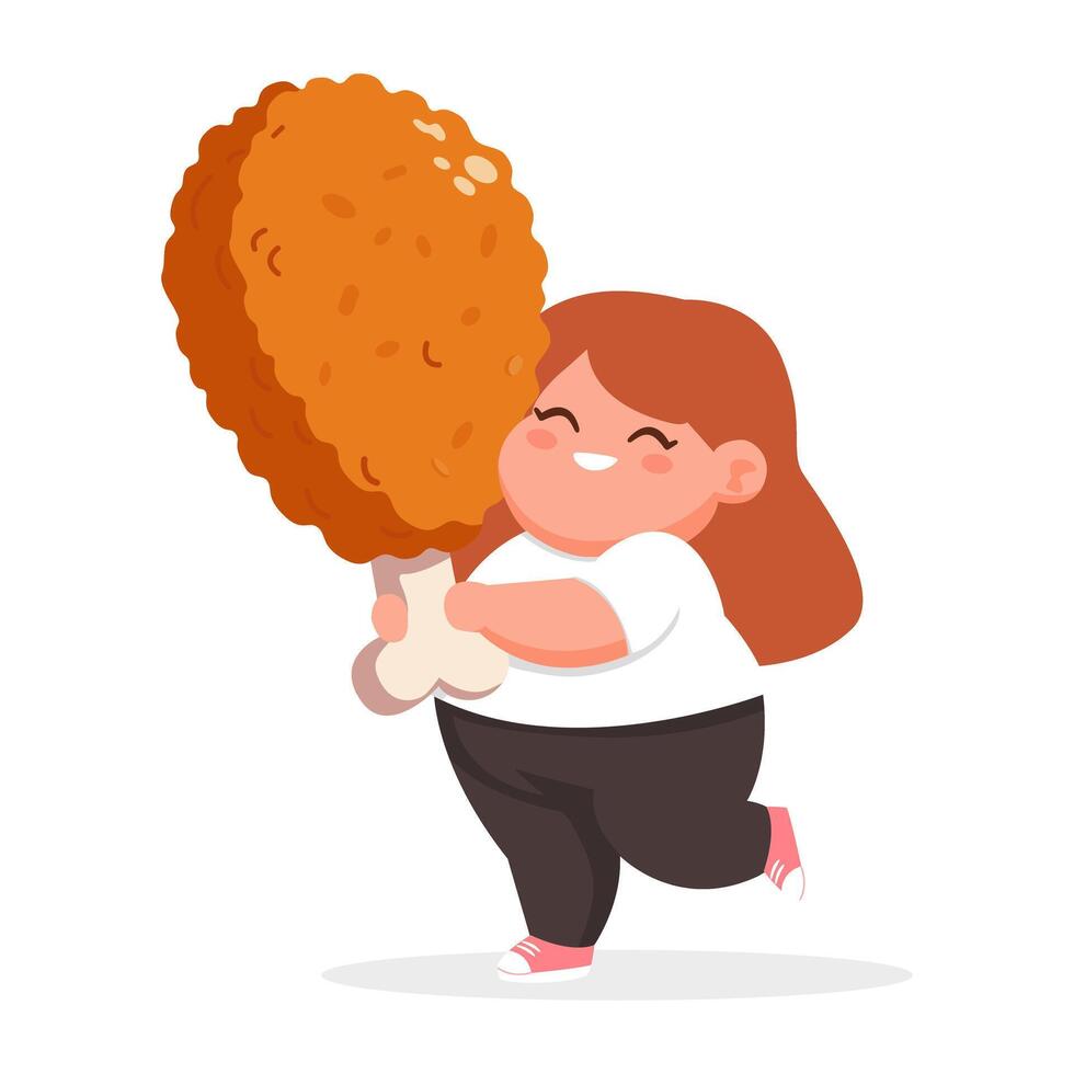 Happy Girl Child Enjoying Giant Fried Chicken Drumstick vector
