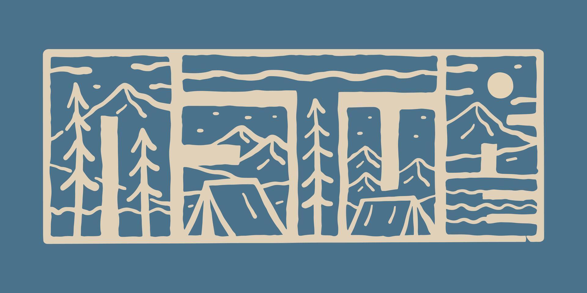 nature hand drawing letter with nature mountain camping design inside for t-shirt, sticker, and other use vector
