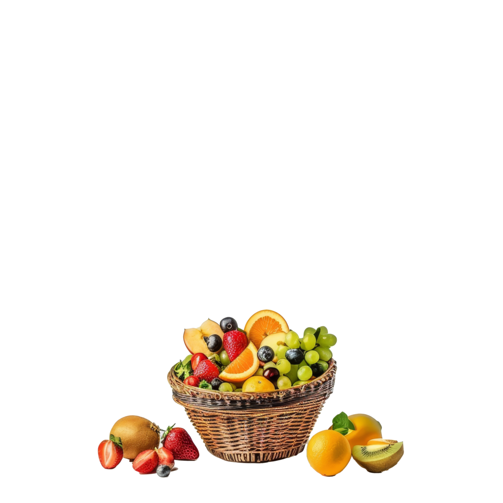 Colorful assortment of fresh fruits cascading from a woven basket against a bright transparent background png