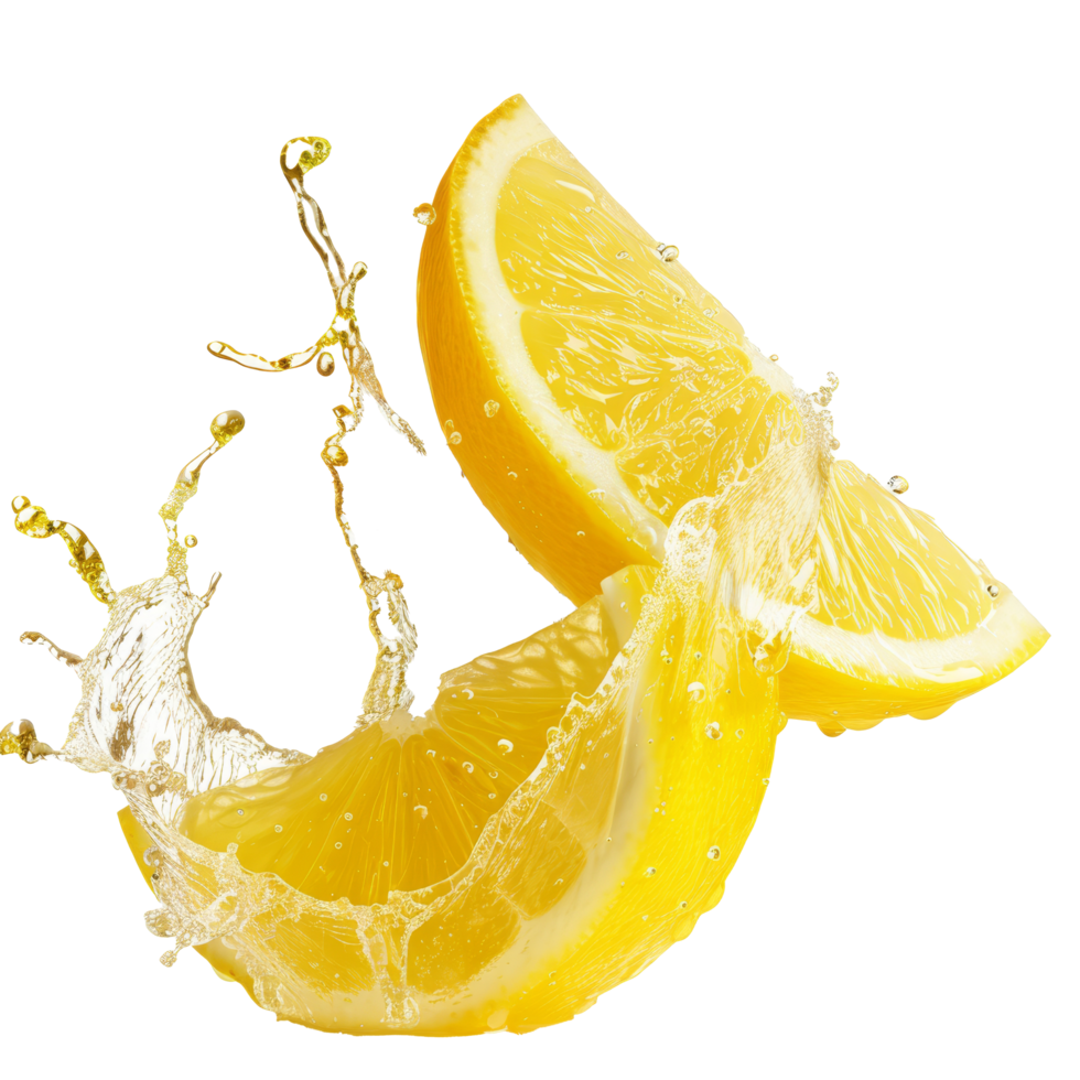 Fresh lemon slices splashing in water create a refreshing and vibrant visual display in natural light png