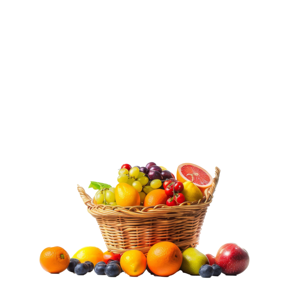 Fresh fruit basket overflowing with assorted berries and citrus fruits against a clean white backdrop png