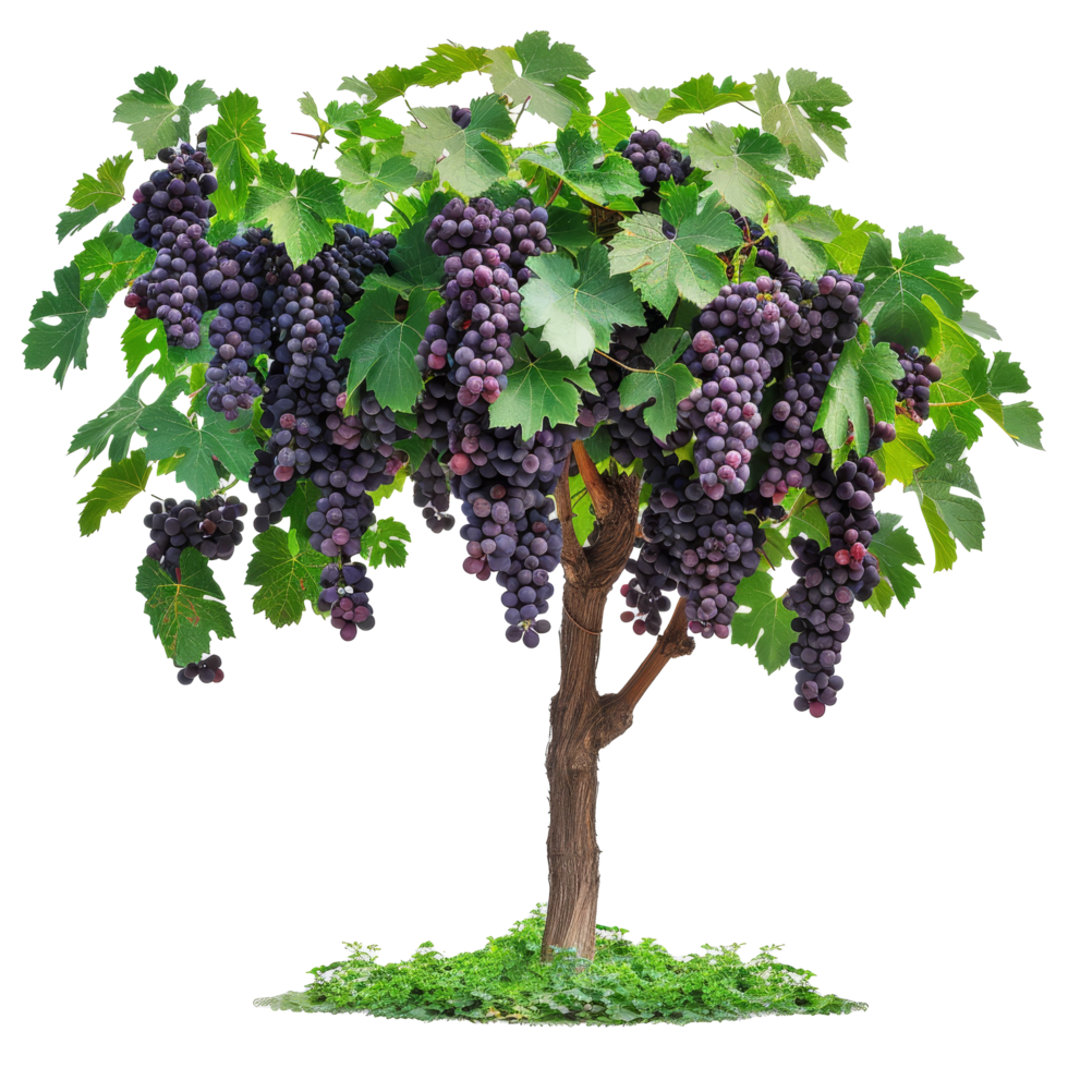 Grape vine tree with abundant clusters of ripe purple grapes on a sunny day in a vineyard png