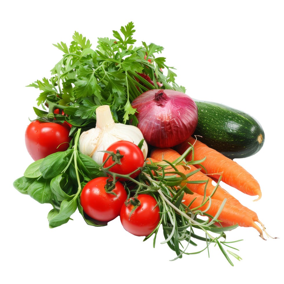 Freshly harvested vegetables including tomatoes, carrots, onions, garlic, and herbs on a clean transparent background showcasing organic produce png