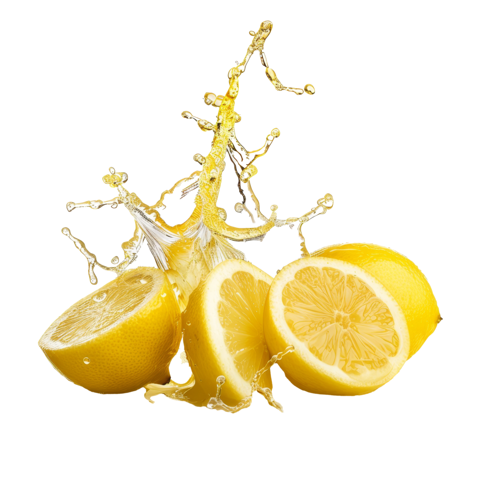 Fresh lemons splashing in water with vibrant yellow hues captured in a bright setting, showcasing their juiciness and freshness png