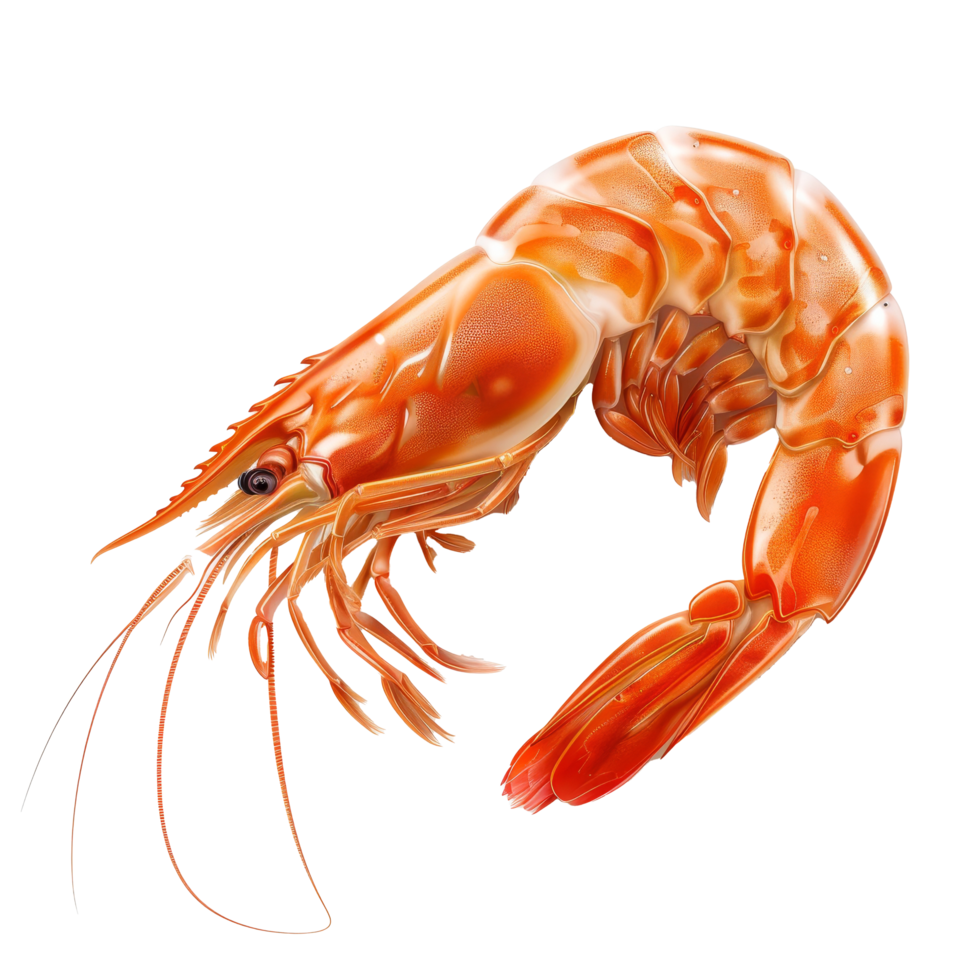 Realistic depiction of a shrimp showcasing intricate details and vibrant colors against a clean transparent background png
