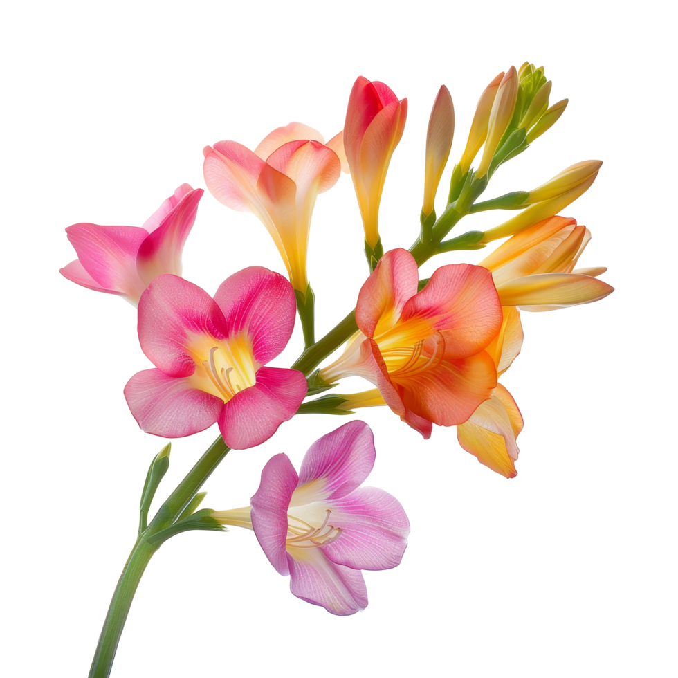 Beautiful mixed bouquet of freesia flowers in vibrant colors illuminated against a transparent background png