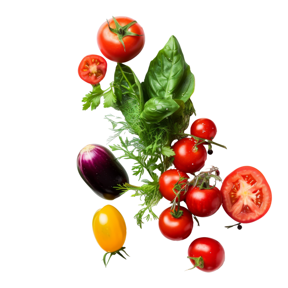 Fresh assortment of colorful vegetables and herbs arranged on a white surface, showcasing the beauty of natural ingredients for cooking png