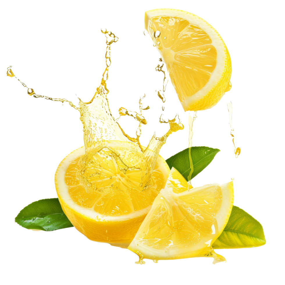 Fresh lemon slices splashing in water surrounded by green leaves on a bright background capturing refreshing summer vibes png