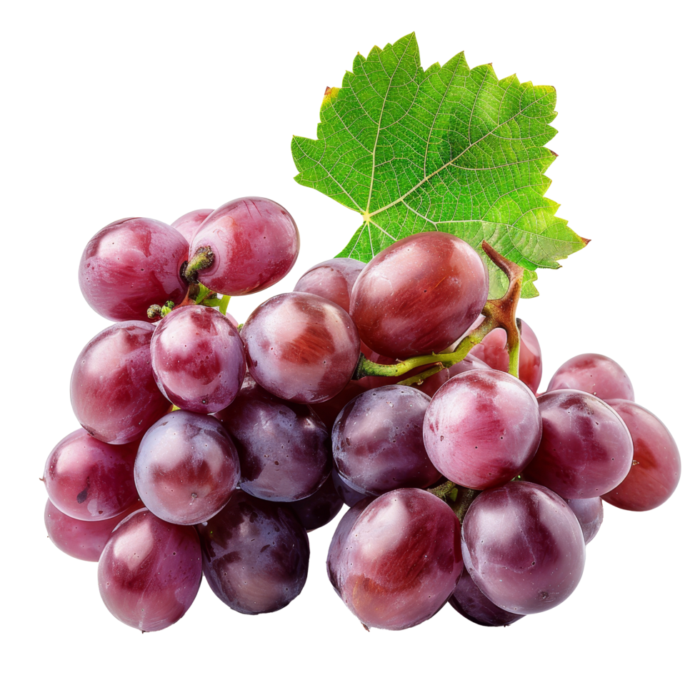Close-up of fresh red and purple grapes with green leaves on a transparent background showcasing their rich color and juicy texture png