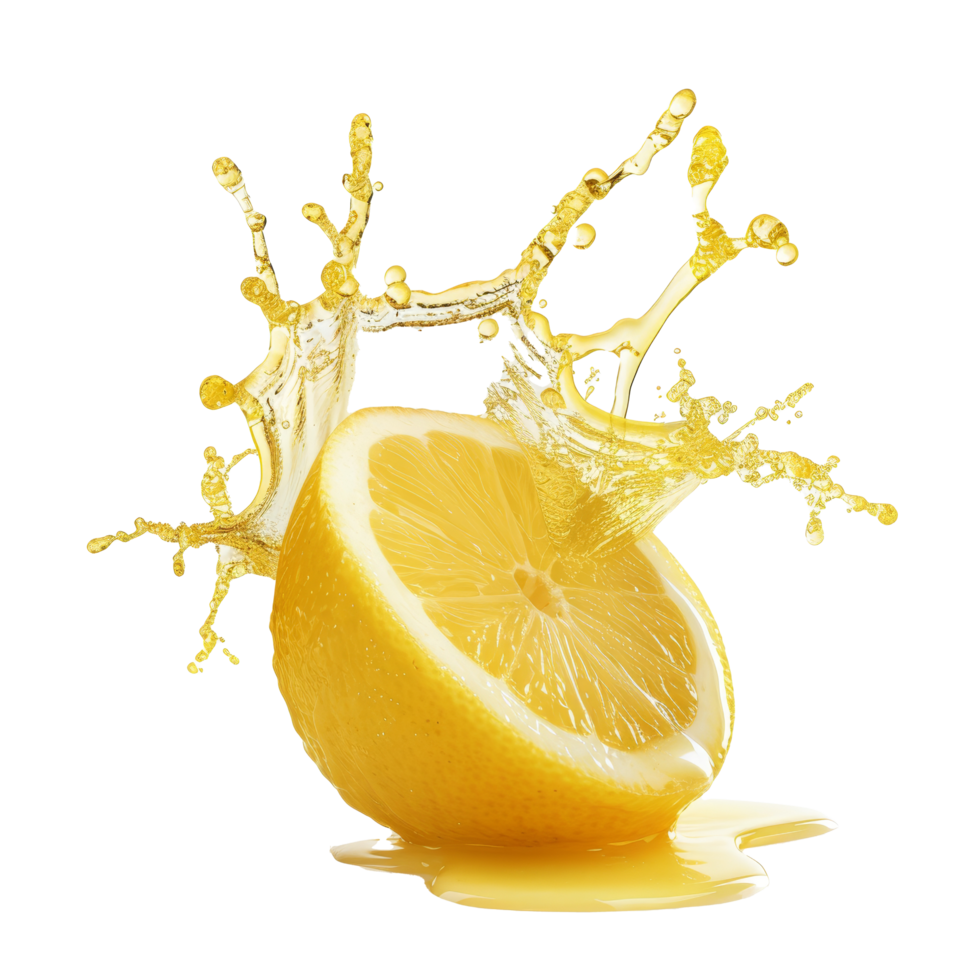 Splashing lemon segment creates vibrant zestful droplets against a transparent background, capturing freshness in a dynamic moment png