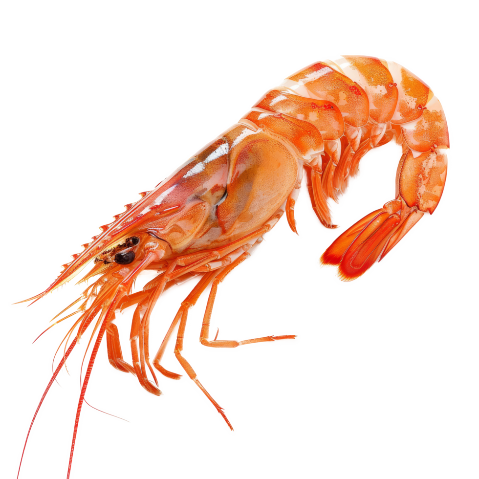 Close-up view of a vibrant orange shrimp on a transparent background showcasing its detailed features and natural colors png