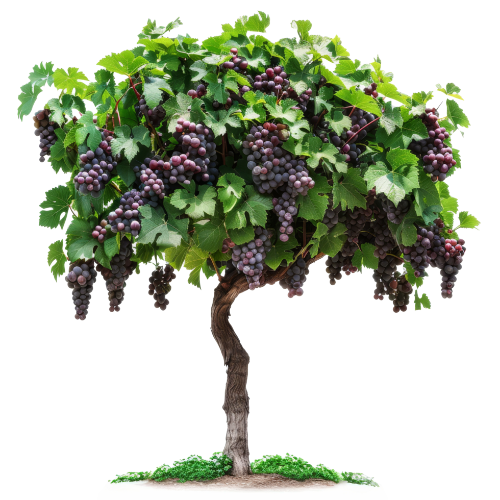 Vibrant grapevine heavily laden with ripe purple grapes growing in a sunny vineyard, showcasing nature's bounty png