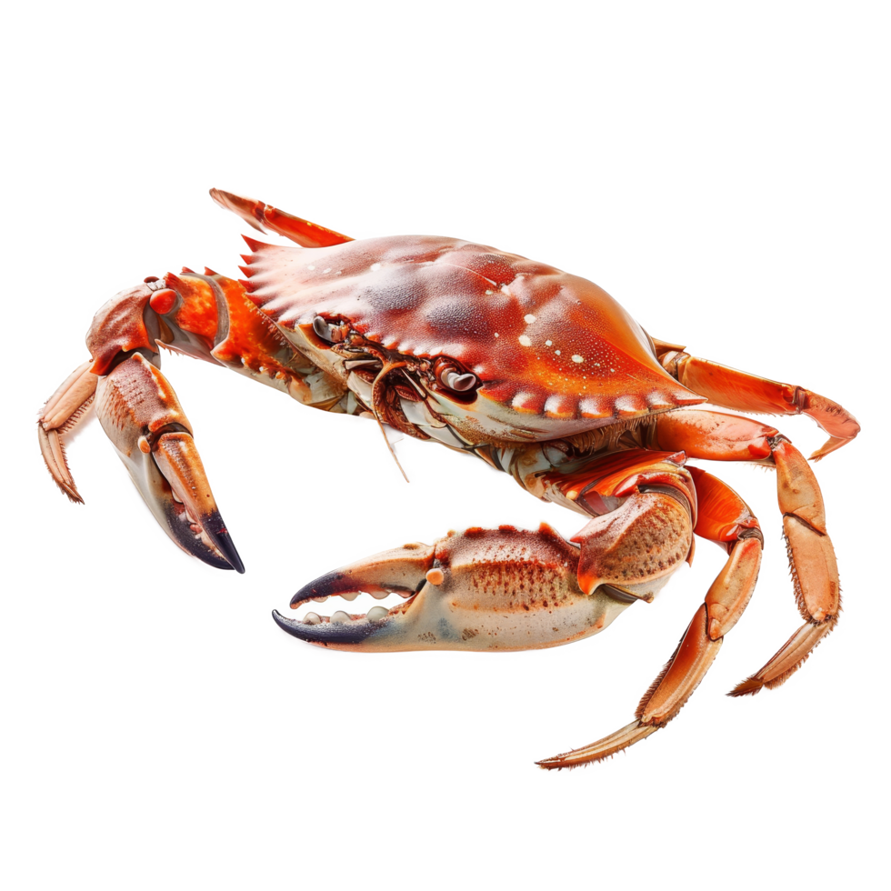 Freshly caught red crab resting on a white surface with its claws raised, showcasing details of its shell, captured indoors png