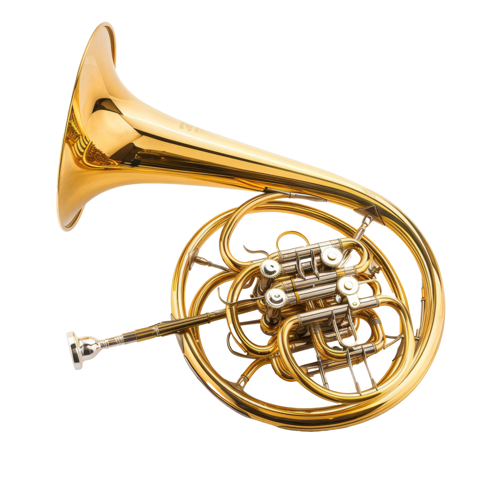 A shiny French horn rests elegantly on a white surface, showcasing its intricate design and polished brass finish in a well-lit environment png