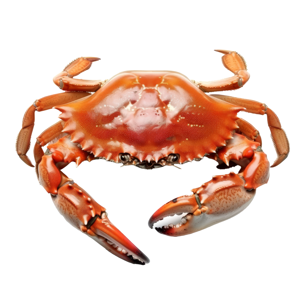 A vibrant brown crab with large claws resting on a white surface in a bright light setting, showcasing its natural color and texture png