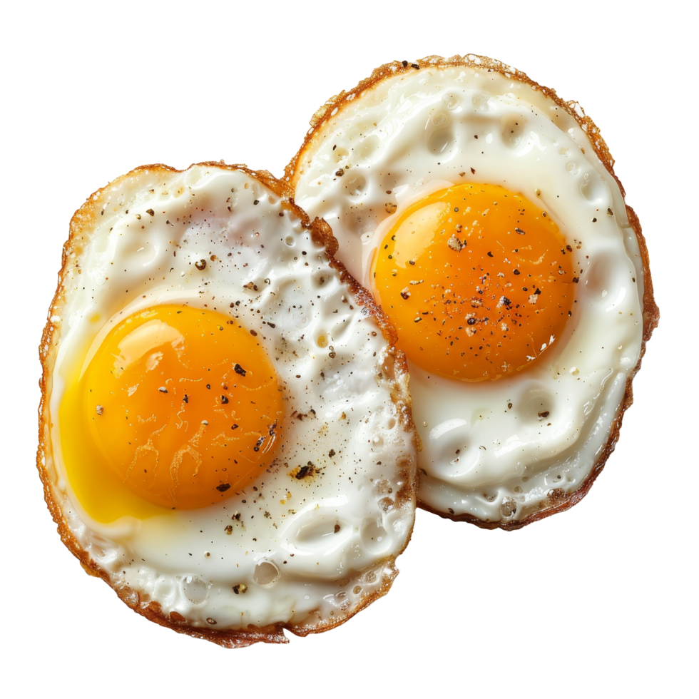 Fried eggs served on a white plate, golden yolks with crisp edges, ideal for breakfast or brunch any time of the day png