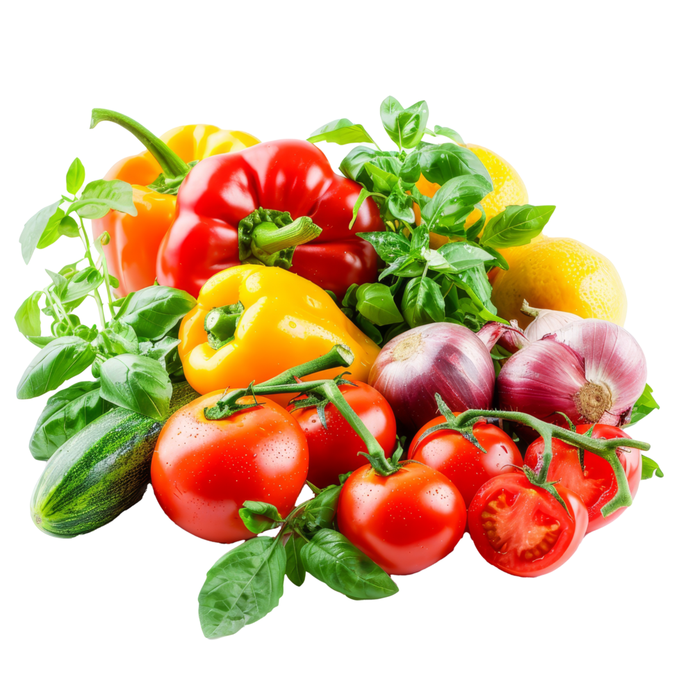 Freshly harvested vegetables including peppers, tomatoes, and herbs arranged artistically on a white surface for culinary inspiration png