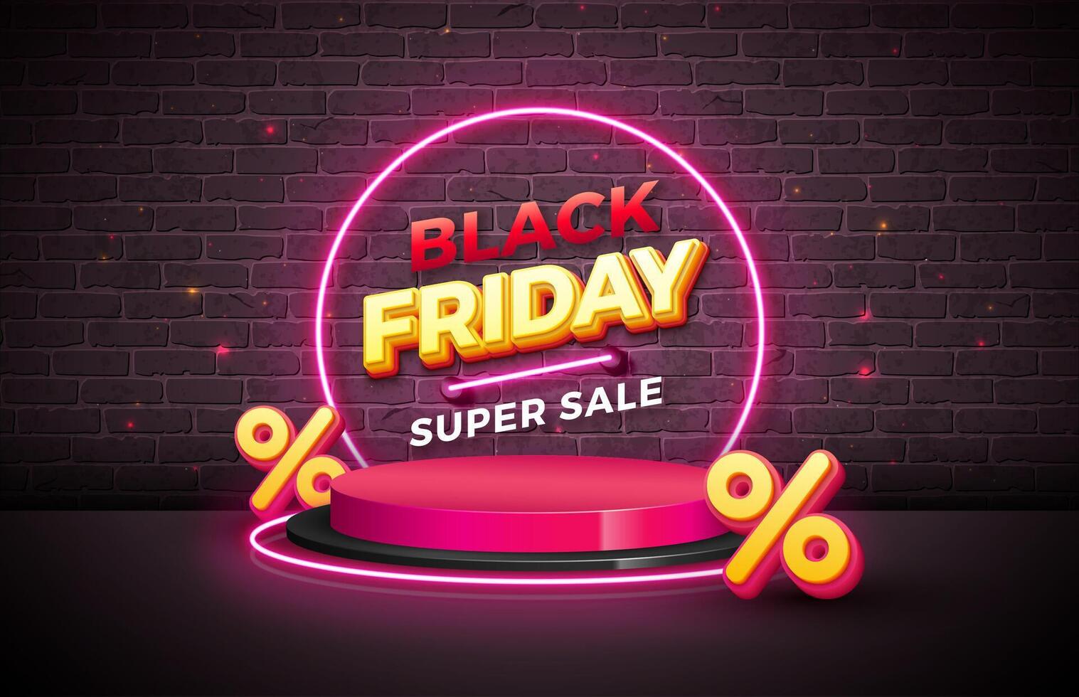 Black Friday Sale Illustration with 3d Lettering and Glowing Neon Light on Dark Brick Wall Background. New Year and Christmas Design Template for Greeting Card, Flyer, Banner, Celebration vector