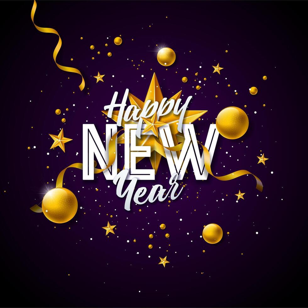 2025 Happy New Year Illustration with White Typography Lettering, Golden Star and Christmas Ball on Dark Background. Holiday Design with Falling Serpentine for Flyer, Banner, Greeting Card vector