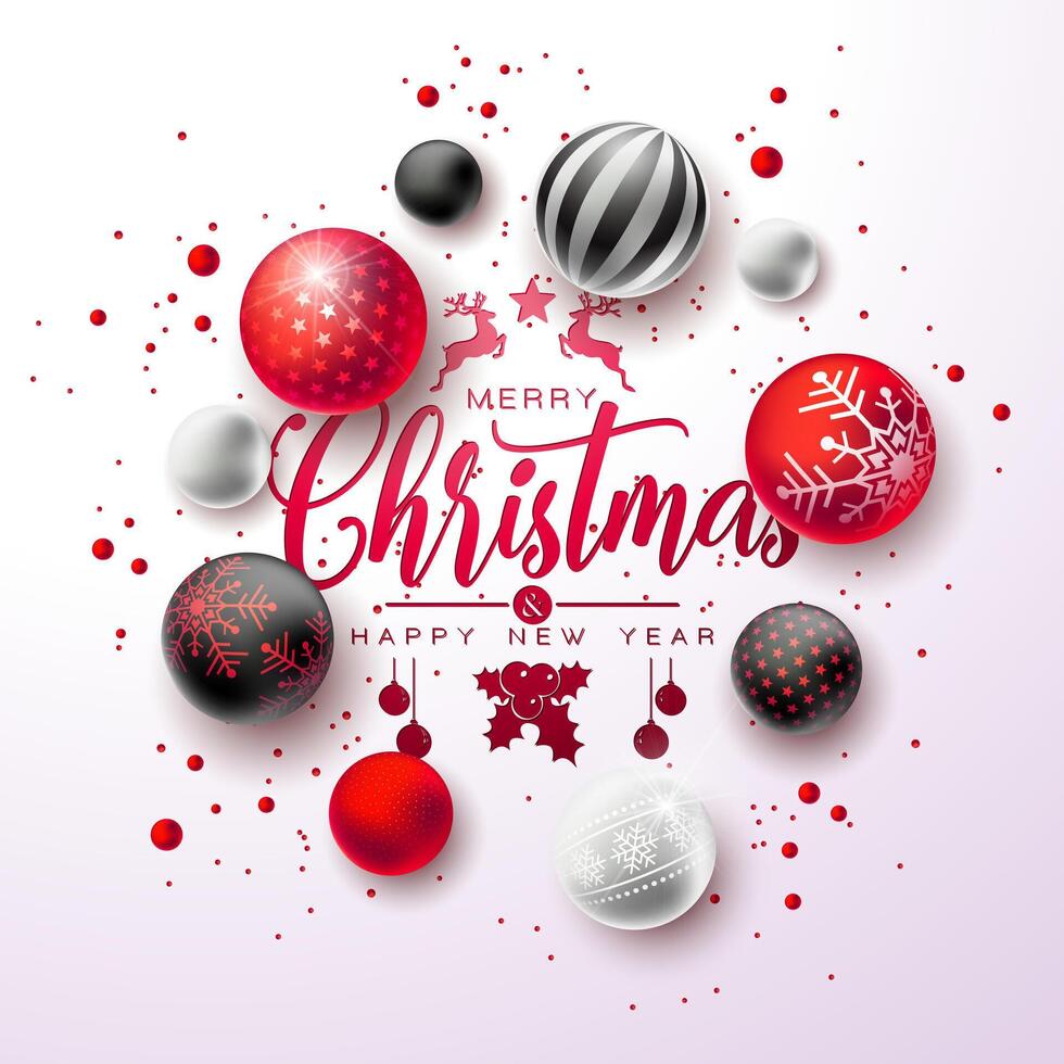 Merry Christmas and Happy New Year Illustration with Colorful Glass Ball and Typography Elements on White Background. Holiday Season Design for Greeting Card, Party Invitation or Promo Banner. vector