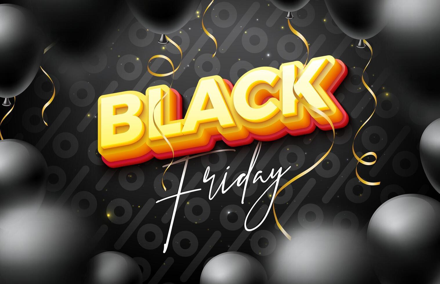 Black Friday Sale Illustration with 3d Lettering and Party Balloon on Percent Pattern Dark Background. New Year and Christmas Design Template for Greeting Card, Flyer, Banner, Celebration vector