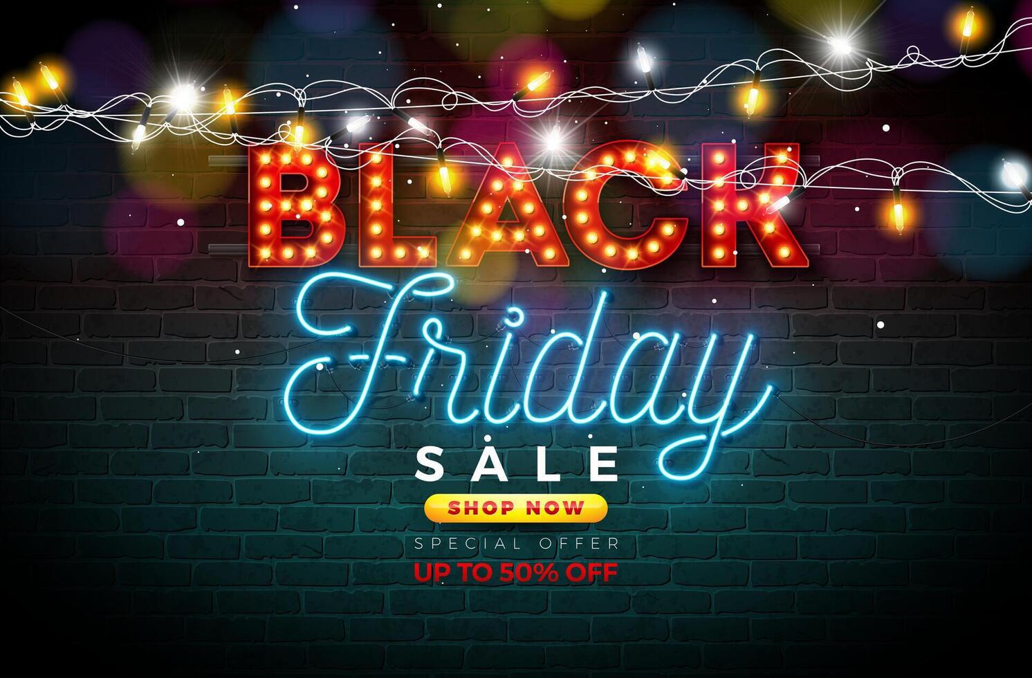 Black Friday Sale Illustration with Glowing Neon and Light Bulb Lettering on Dark Brick Wall Background. New Year and Christmas Design Template for Greeting Card, Flyer, Banner, Celebration vector