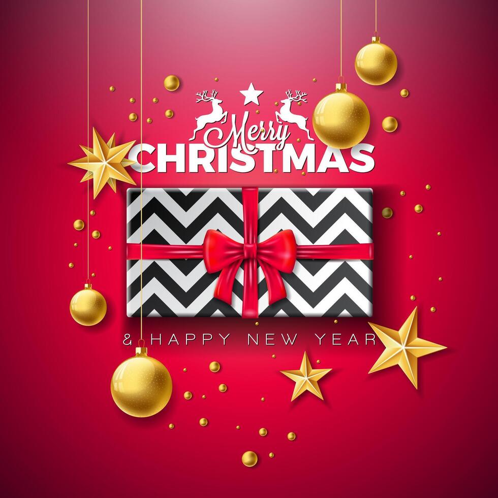 Merry Christmas and Happy New Year Typography Illustration with Gift Box, Gold Glass Ball and Star on Red Background. Holiday Design for Flyer, Greeting Card, Banner, Celebration vector