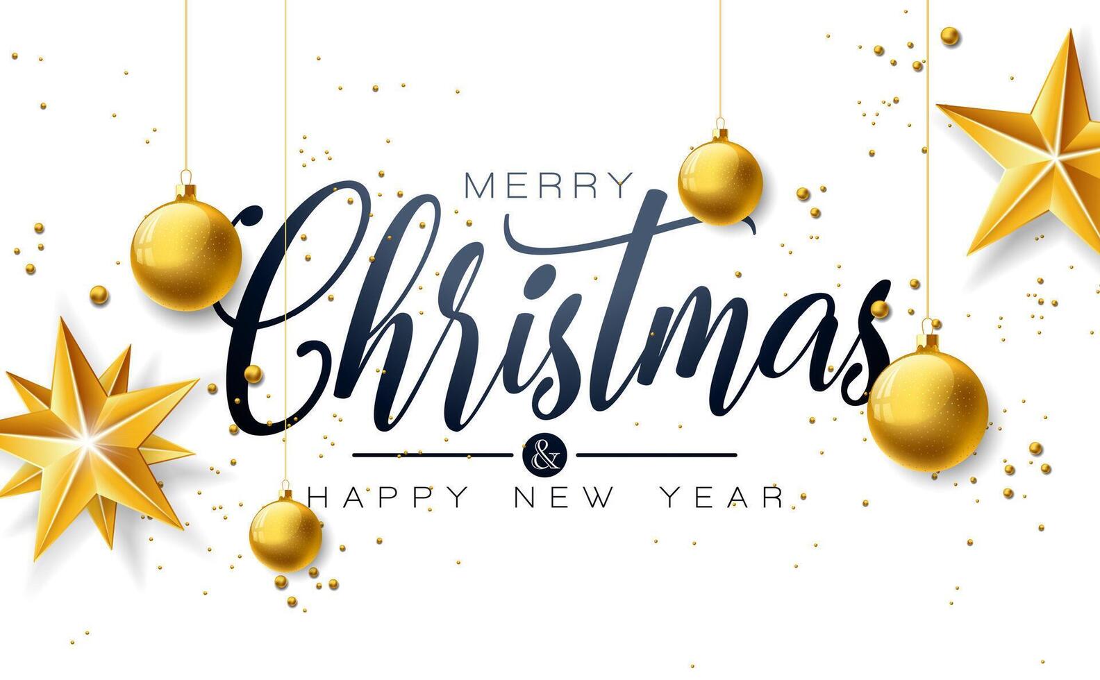 Merry Christmas and Happy New Year Design with Gold Glass Ball, Stars and Typography Elements on White Background. Holiday Season Design for Greeting Card, Party Invitation or Promo Banner vector