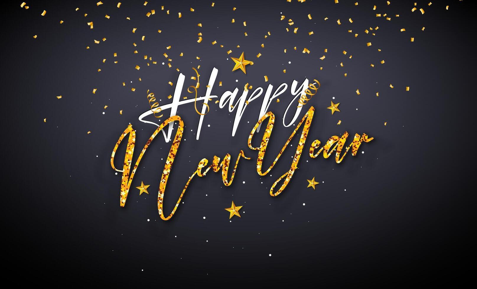 Happy New Year Illustration with Shiny Gold Glittered Handwrited Letter on Falling Confetti Background. Holiday Celebration Design for Flyer, Greeting Card, Banner, Poster, Party vector