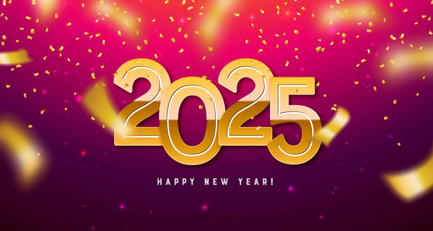 2025 Happy New Year Illustration with Golden Number and Falling Confetti on Red Background. Holiday Design with Typography Lettering for Flyer, Greeting Card, Banner, Celebration Poster, Party vector