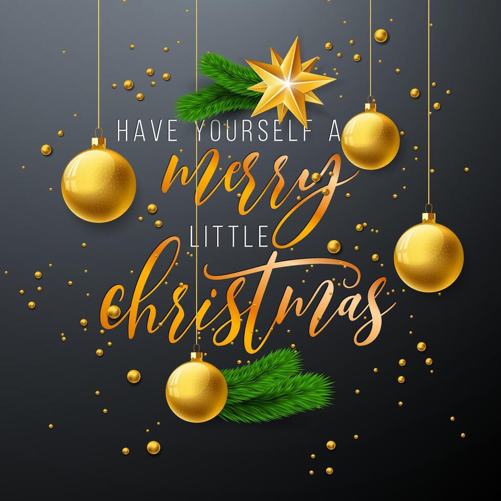 Merry Christmas and Happy New Year Illustration with Gold Glass Ball, Star and Typography Elements on Dark Background. Holiday Season Design for Greeting Card, Party Invitation or Promo Banner. vector