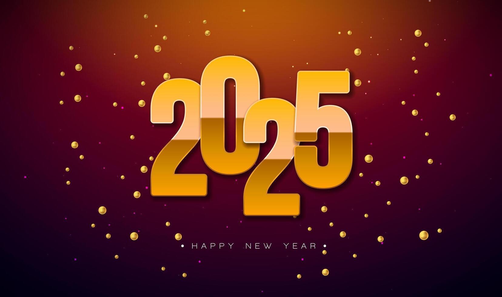 2025 Happy New Year Illustration with Gold Number and Christmas Ball on Dark Background. Holiday Design with Typography Lettering for Flyer, Greeting Card, Banner, Celebration Poster, Party invitation vector