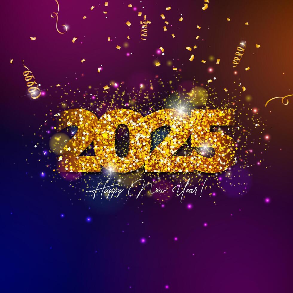 2025 Happy New Year Illustration with Gold Glittered Number and Falling Confetti on Dark Background. Christmas Holiday Design with Typography Lettering for Flyer, Greeting Card, Banner, Celebration vector