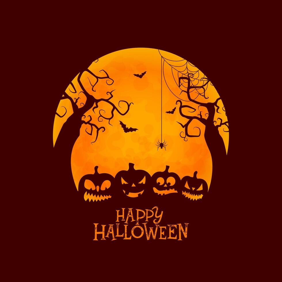 Happy Halloween Illustration with Cute Scary Pumpkin and Flying Bats on Orange Moon Background. Autumn Holiday Design Template for Greeting Card, Flyer, Banner, Celebration Poster or Party vector