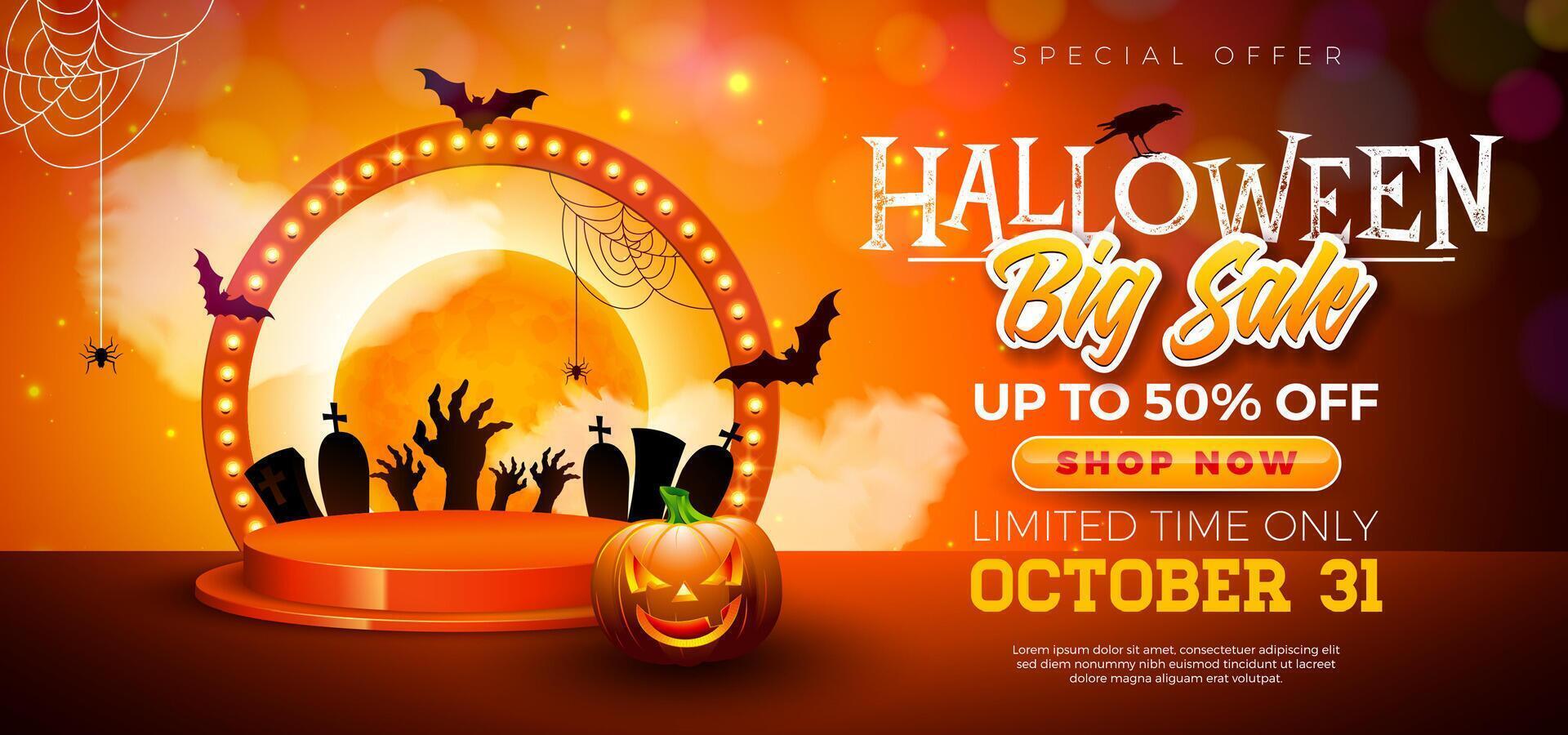 Halloween Sale Banner Illustration with Pumpkin, Podium and Glowing Light Bulb Billboard on Orange Background. Holiday Design Template with Typography Lettering for Offer, Coupon, Celebration vector