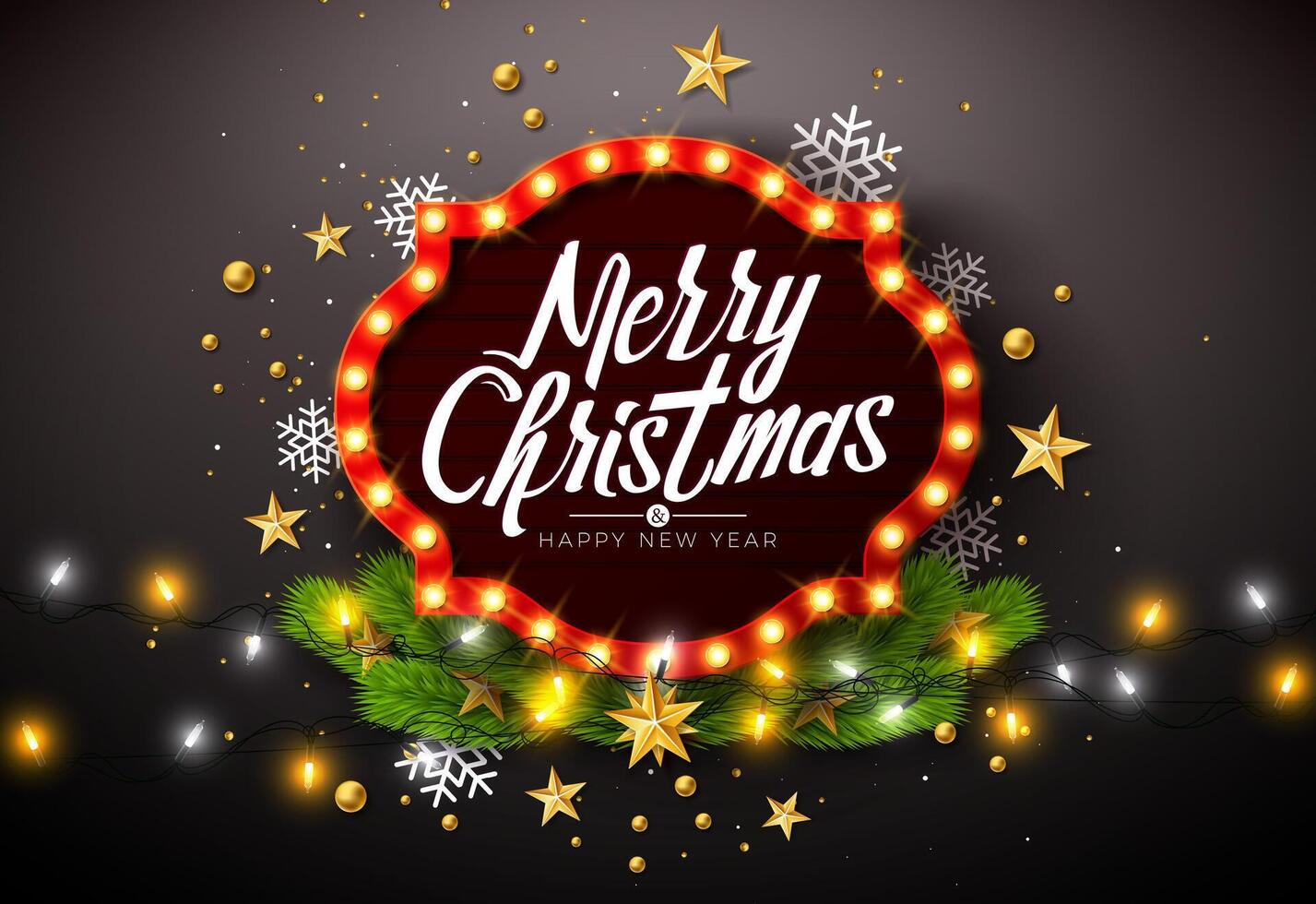 Merry Christmas and Happy New Year Illustration with Typography Letter on Light Sign Board and Pine Branch on Black Background. Holiday Design for Greeting Card, Party Invitation or Promo vector