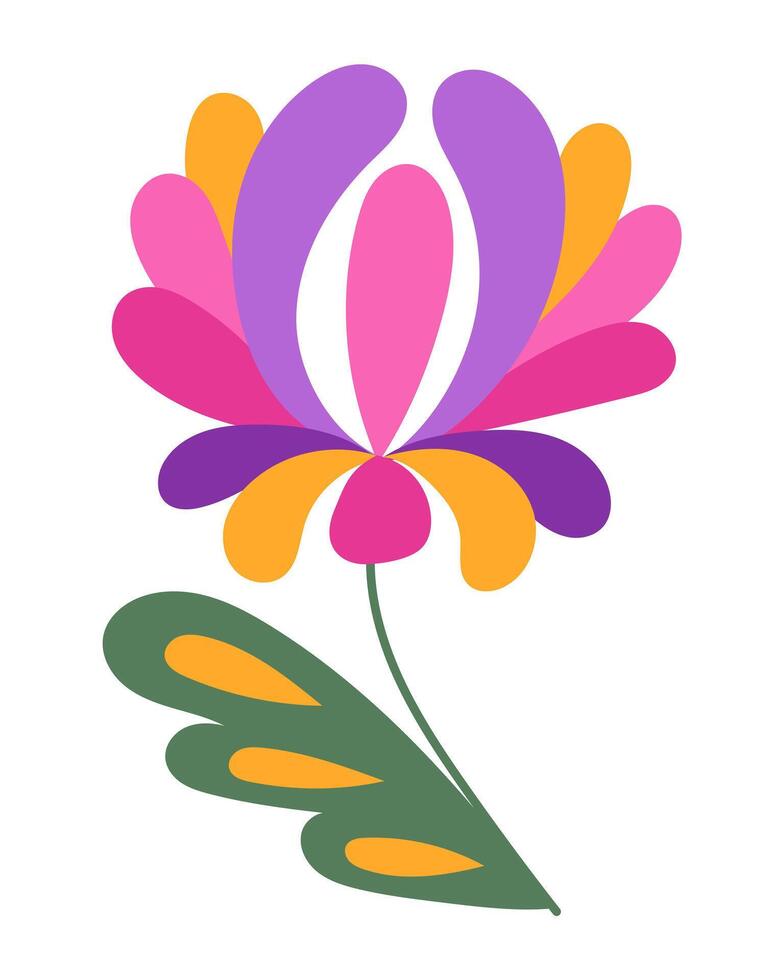 Mexican fantasy flower in folk style. Illustration isolated on white background for day of the dead holiday. Botanical contrast flat sticker or embroidery example vector