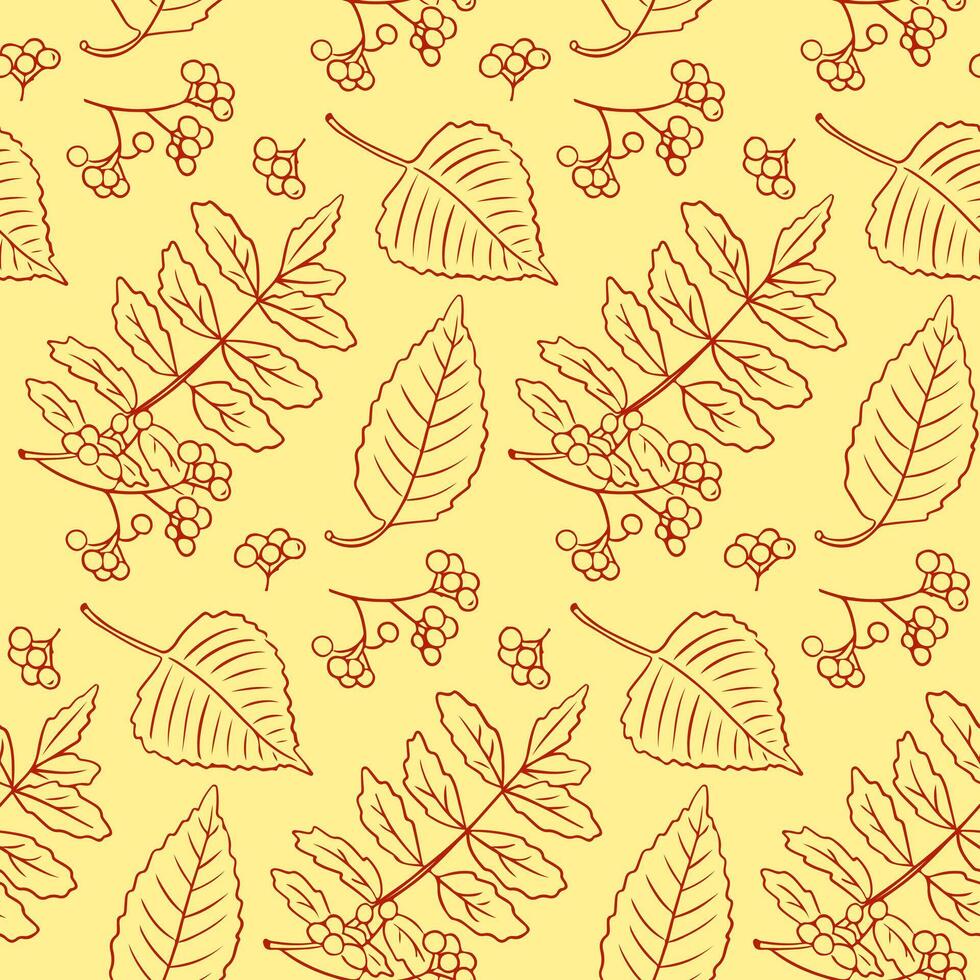 Autumn contour contrast seamless pattern with rowanberry, birch tree leaves and berries. Hand drawn flat style. Simple botanical illustration on light background. Perfect for textile and wrapping vector