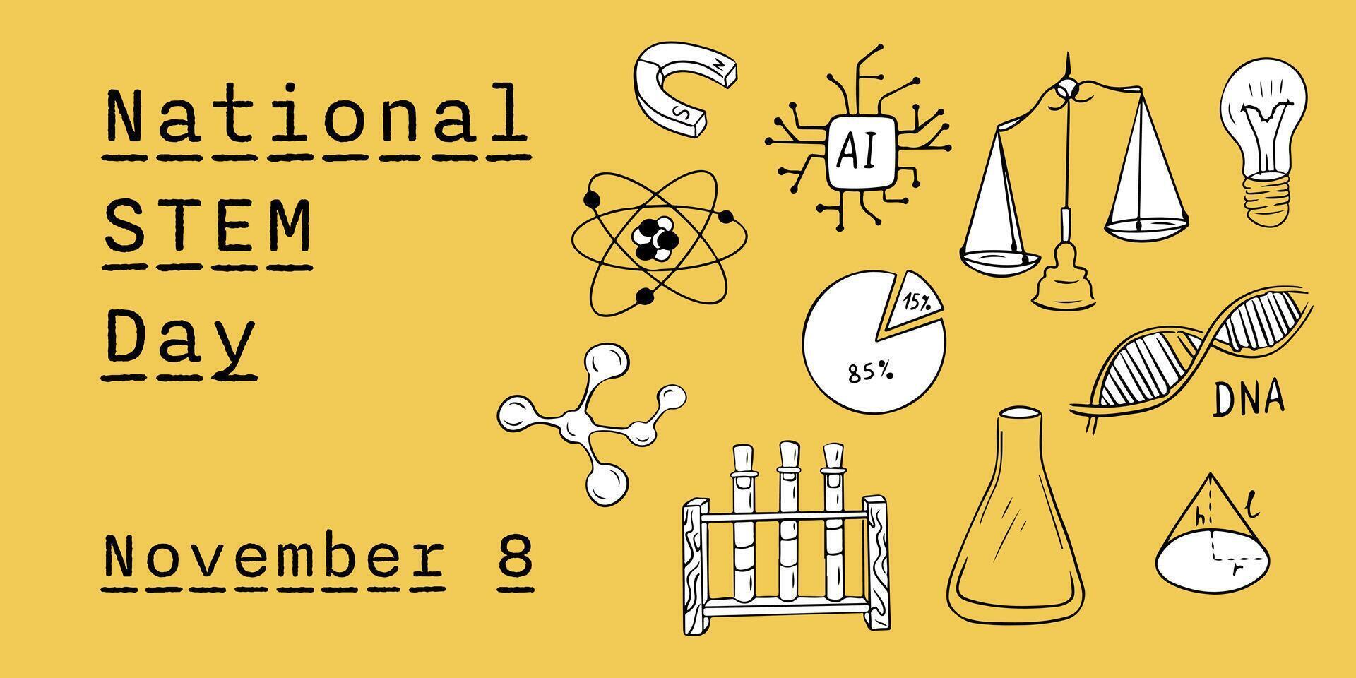 National STEM day banner with education elements in minimalistic doodle style vector
