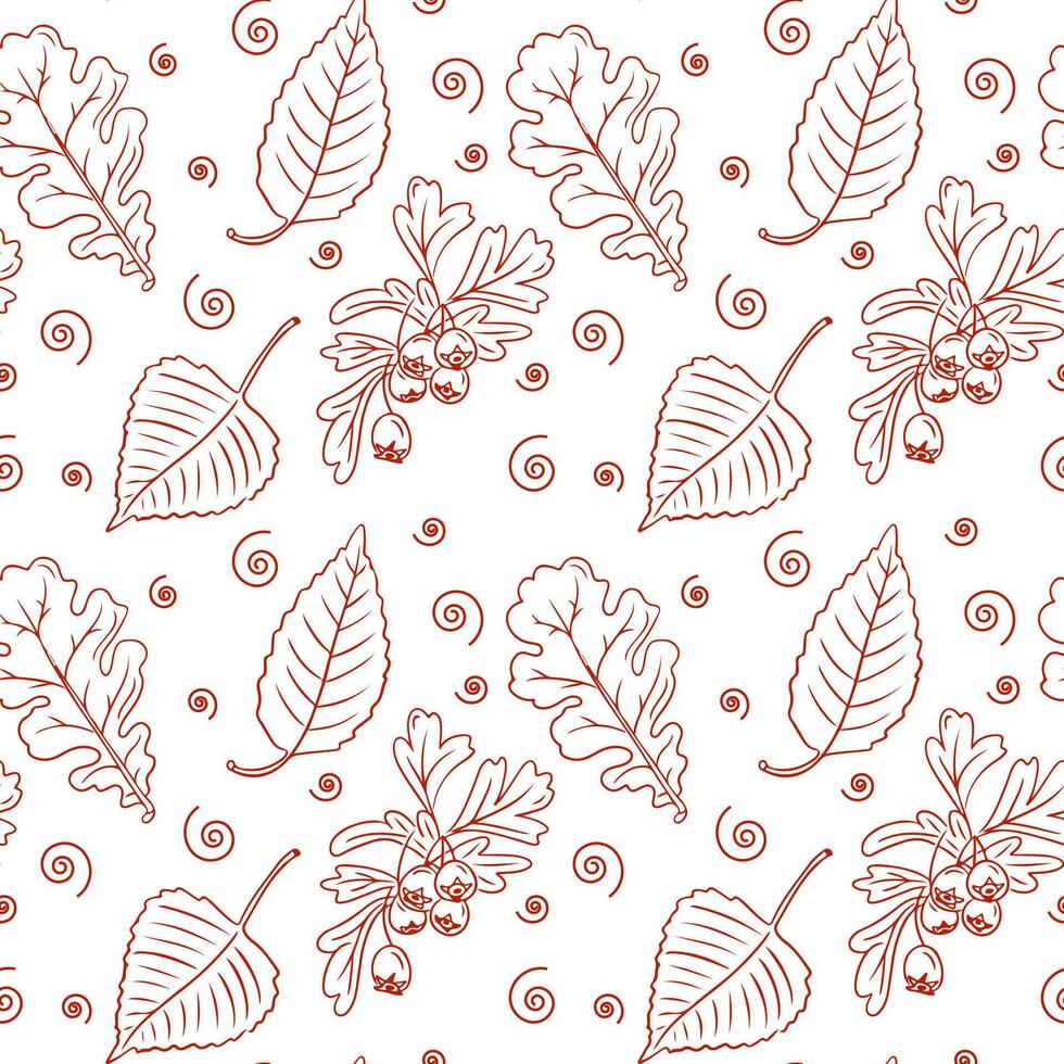 Autumn high contrast seamless pattern with hawthorn, birch tree leaves and berries on white background. Hand drawn contour doodle style. Simple botanical illustration vector