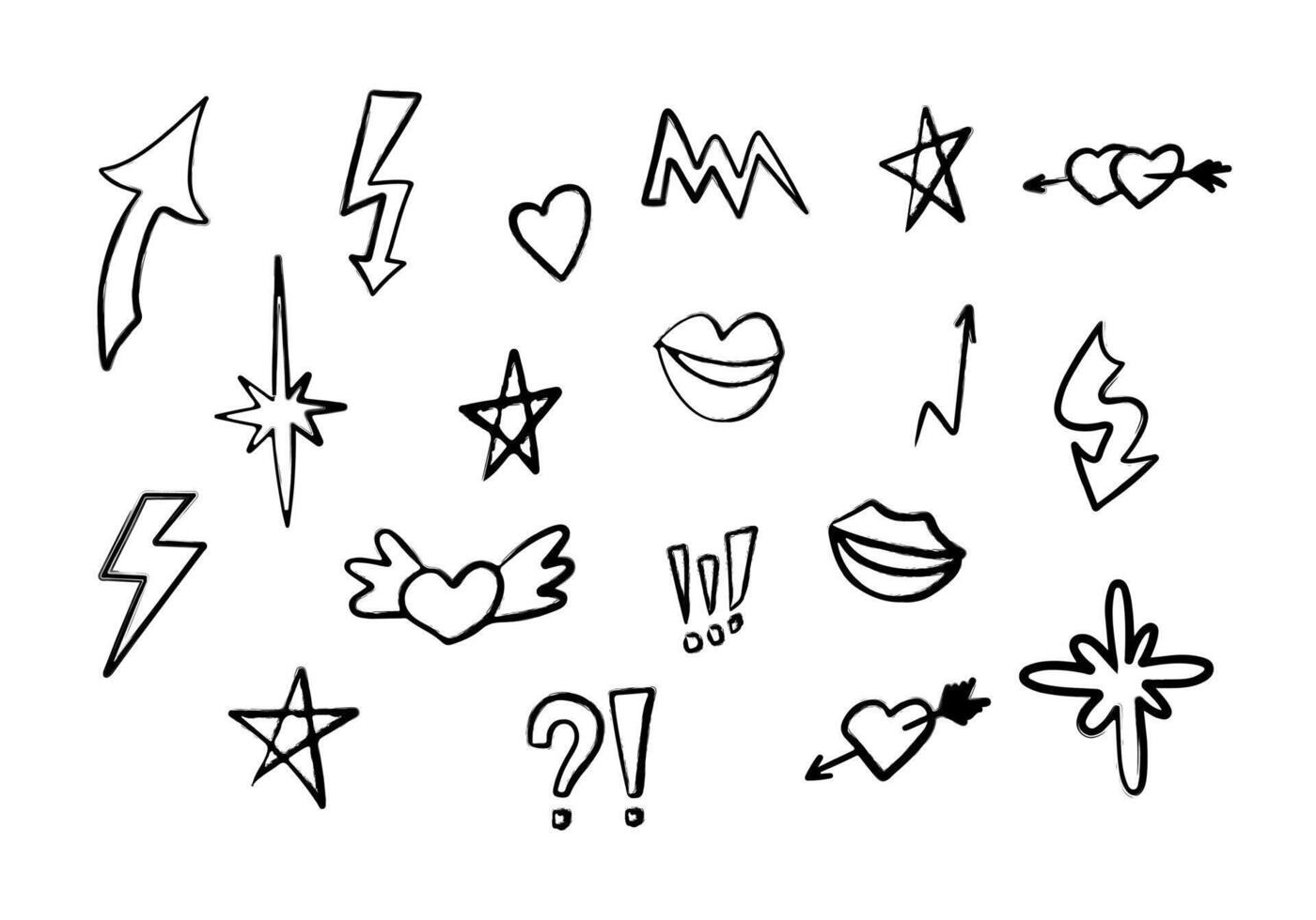 Graffiti hand drawn elements set with hearts, kisses, stars and arrows. vector