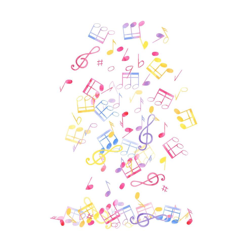 Music notes levitation. Falling multicolored note symbols. Cute atmosphere of music rain. Dense composition. Perfect for musical projects, advertising. Watercolor illustration for poster, stationery vector
