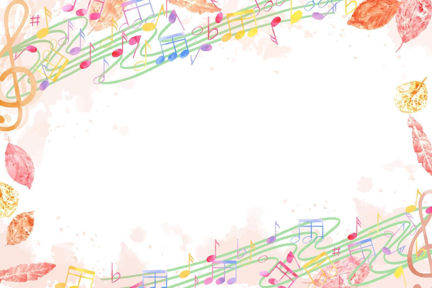 Autumn horizontal frame. Musical notes and orange yellow leaves on backdrop. Wavy music staff. International Music Day. Watercolor illustration. Copy space for text. For greeting, invitation vector