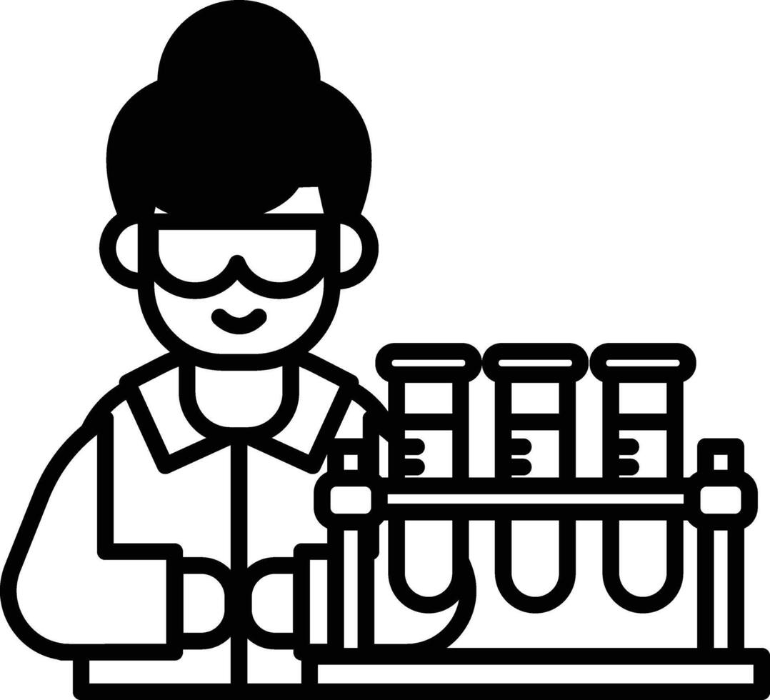 A woman in a lab coat is wearing goggles and is holding three test tubes vector
