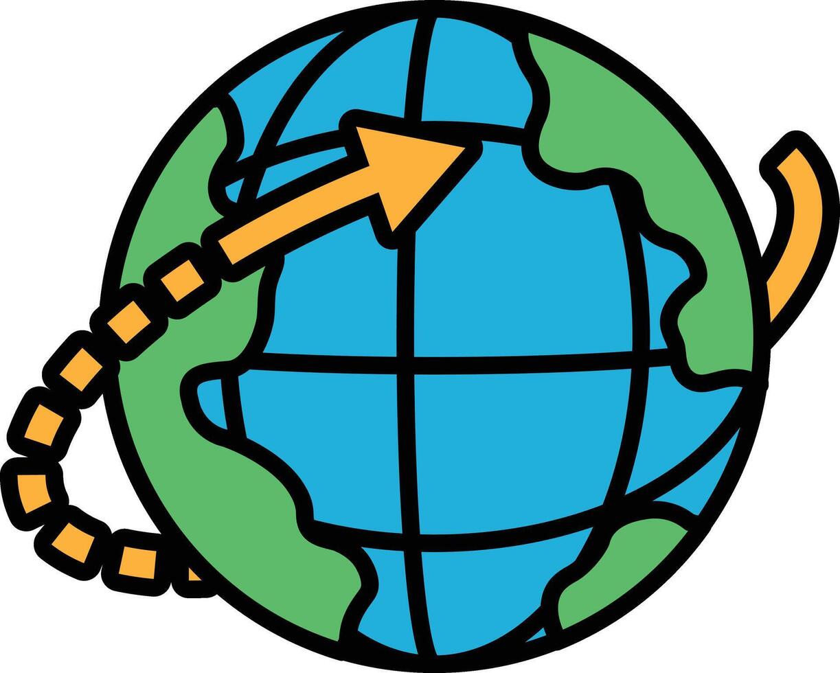 A cartoon drawing of a globe with a arrow pointing to the right vector
