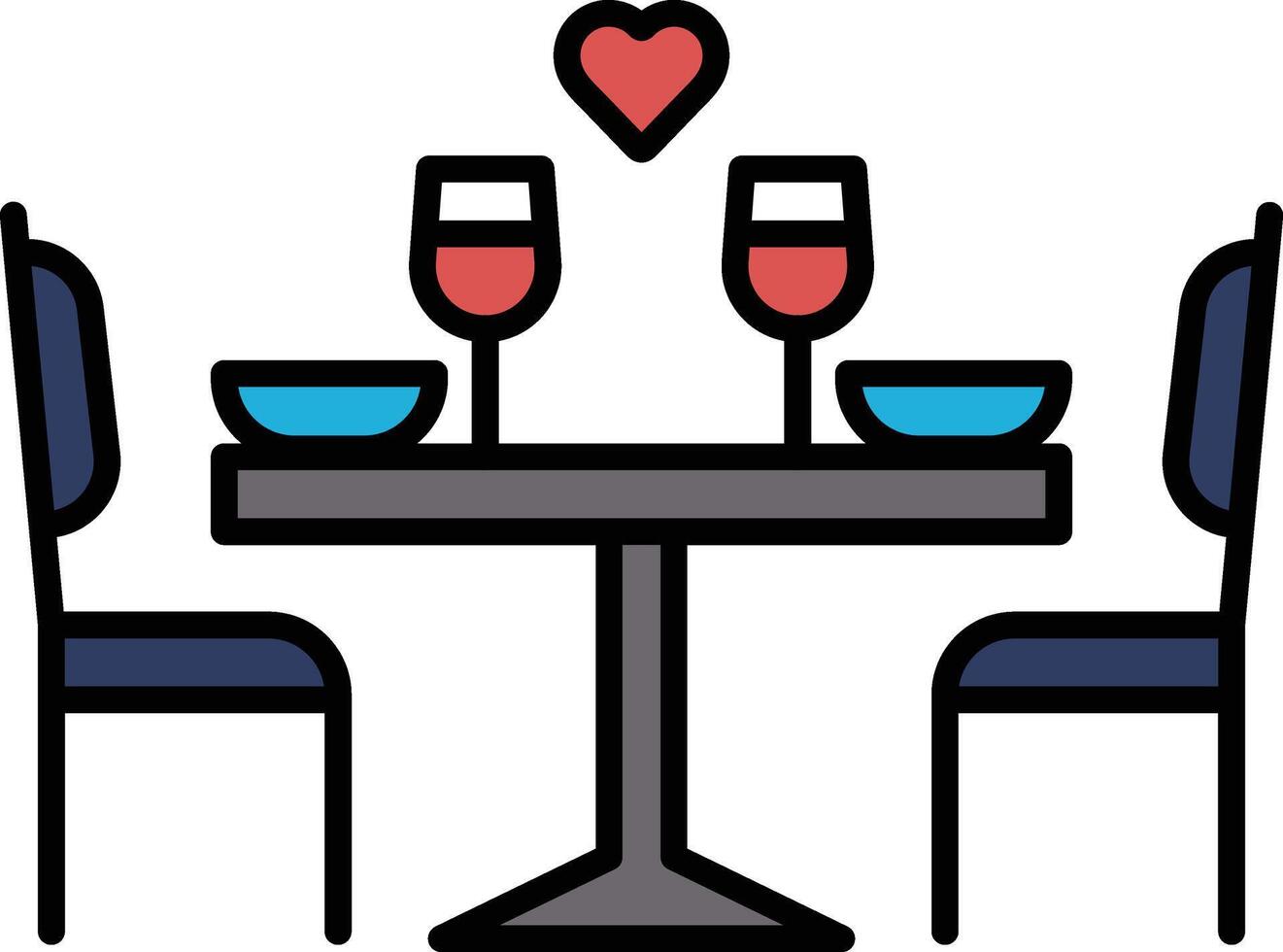 A table with two wine glasses and two bowls, with a heart drawn on the table vector