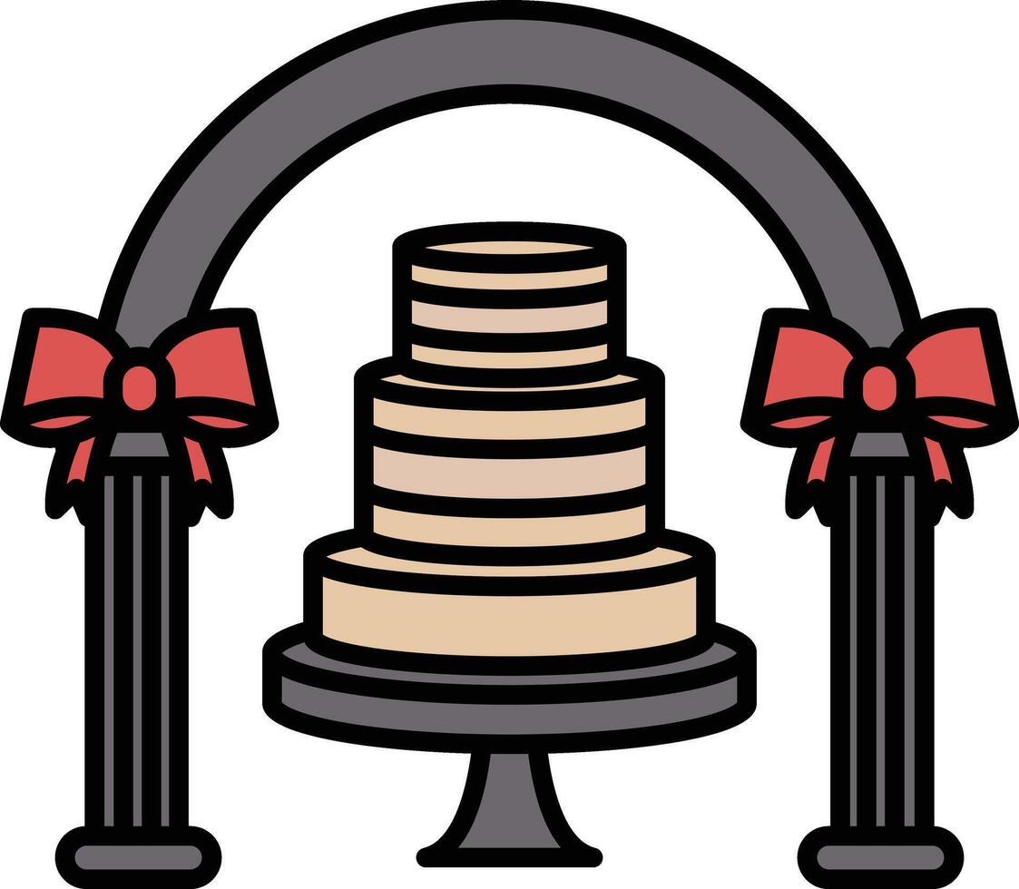 A cake with three tiers is displayed under a bow arch vector