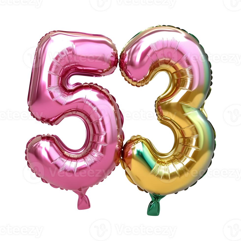 A shiny foil balloon shaped as the number 53 isolated on transparent background png